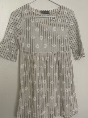 Zara Cream Babydoll top with Black Pinstripes and Floral Detail